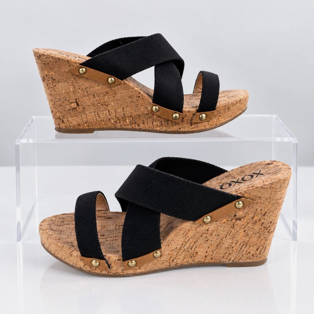 XOXO Belicia Platform Wedge Sandals Black Cork Studded Women’s Size 9.5
